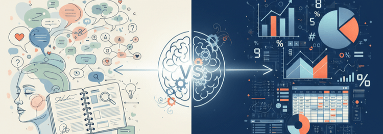 A esquerda elementos em tons pastel, como um rosto esboçado com balões de fala e um diário aberto, simbolizando emoções e narrativas. O lado direito exibe gráficos, números e um dashboard digital em tons vibrantes de azul e laranja, representando precisão e estatísticas. No centro, um cérebro estilizado e o símbolo 'VS' unem e comparam os dois tipos de dados.